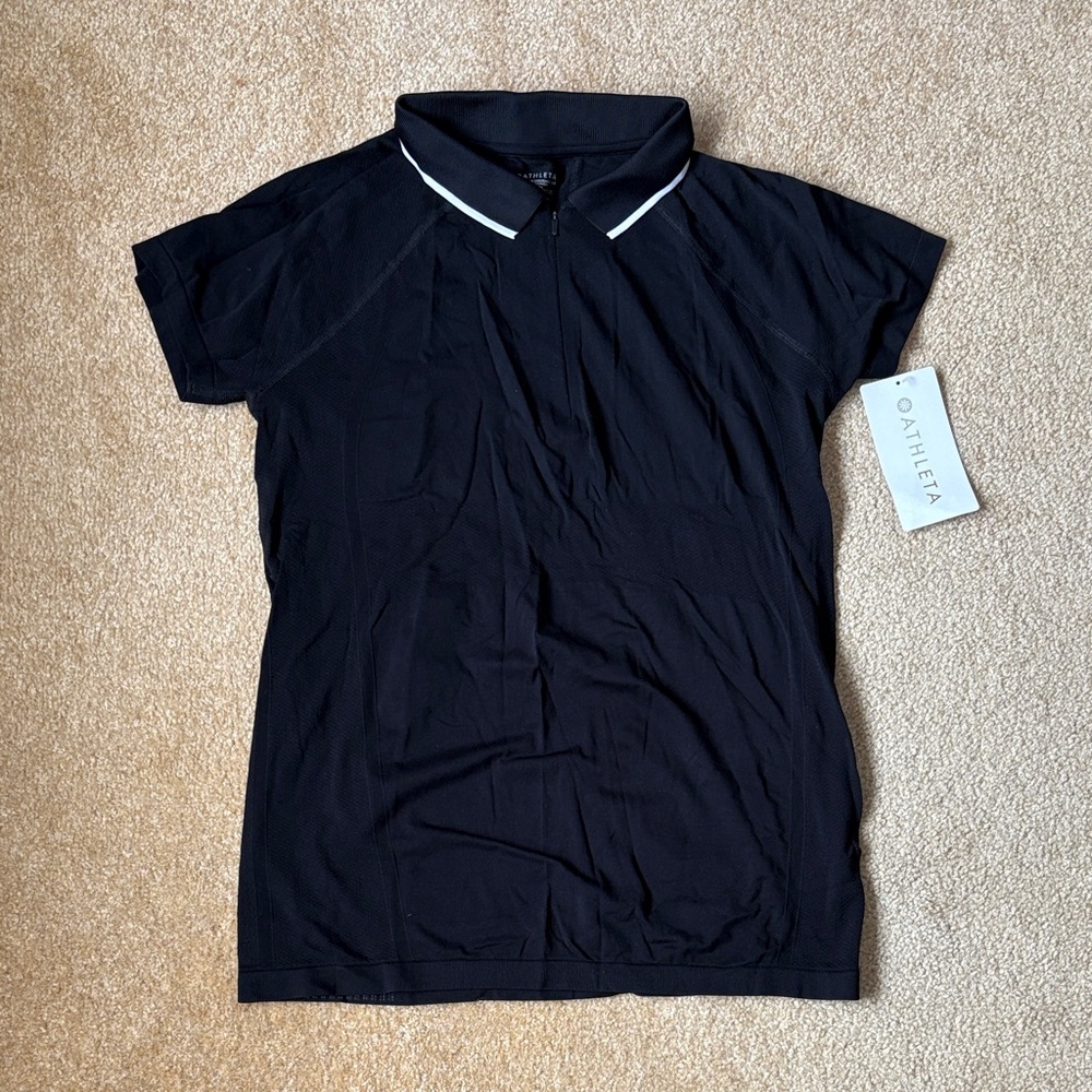 Athleta Black Short Sleeve Polo Shirt momentum tee white trim large nwt